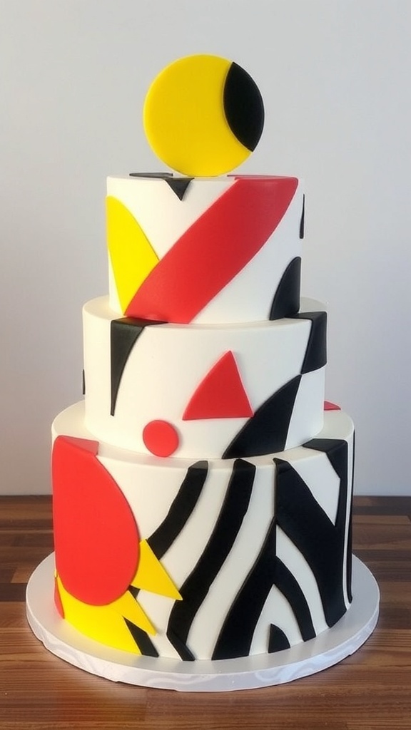 A bold graphic cake with black and white designs and vibrant accents.