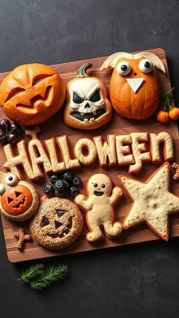 A Halloween charcuterie board featuring various breads shaped like pumpkins, ghosts, and other spooky figures.