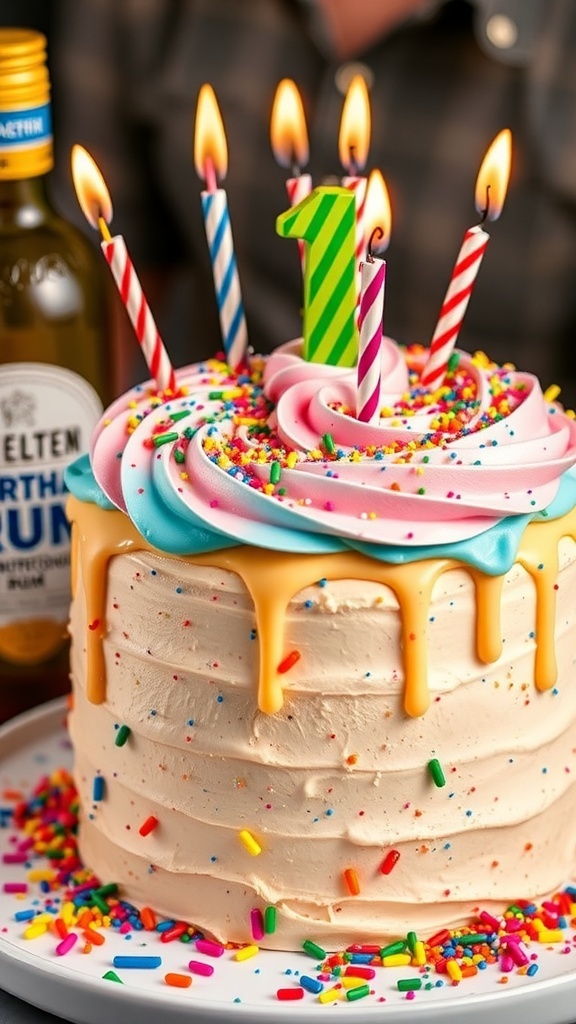 A colorful birthday cake with rum infusion, decorated with sprinkles and candles.