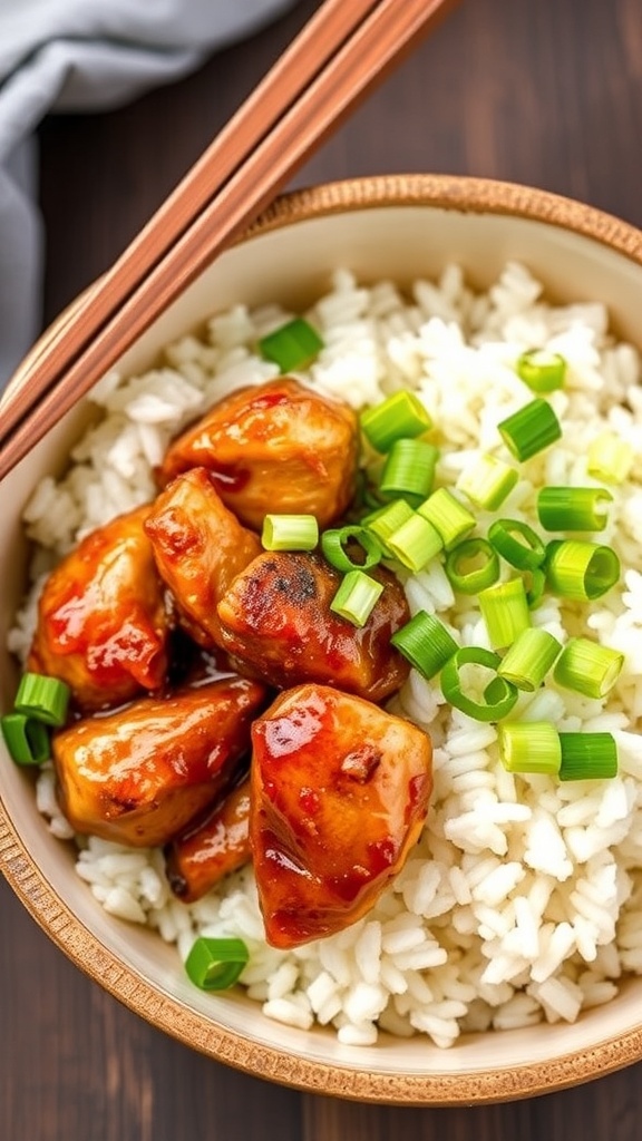 A bowl of Bourbon Chicken served over rice, garnished with green onions.