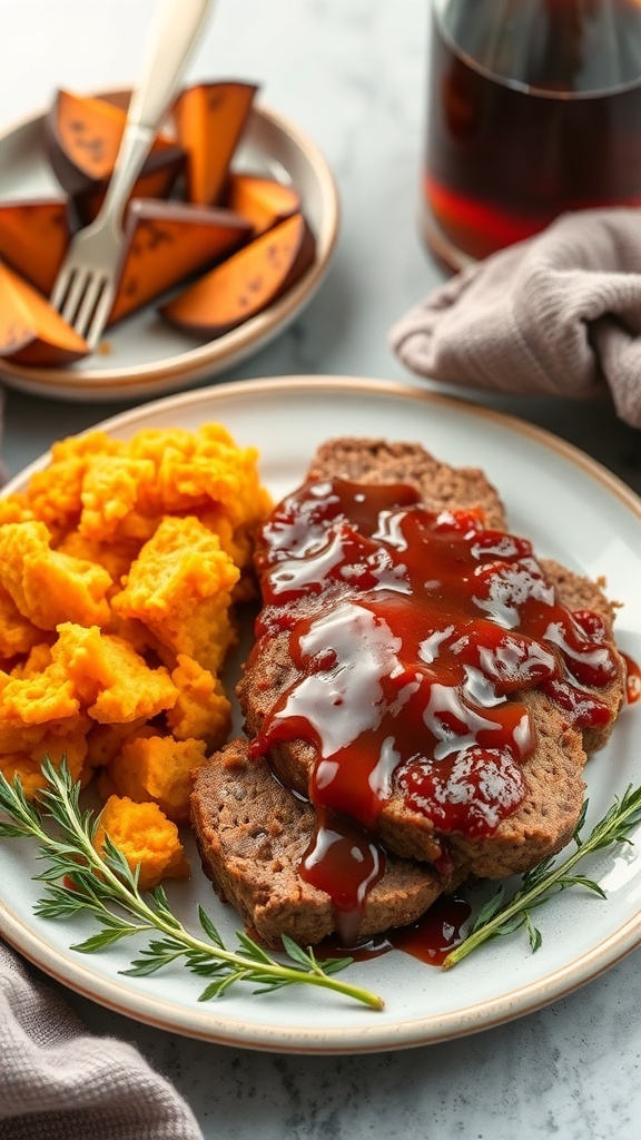A plate of Bourbon Maple Meatloaf with mashed sweet potatoes and a side of roasted pumpkin wedges.