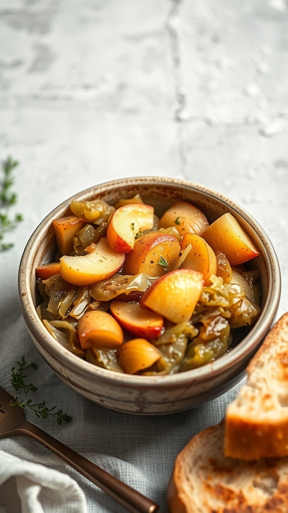 A bowl of braised cabbage and apples with slices of bread on the side.