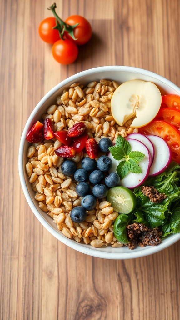 A colorful breakfast bowl with grains, blueberries, cherry tomatoes, radishes, avocado, and greens.