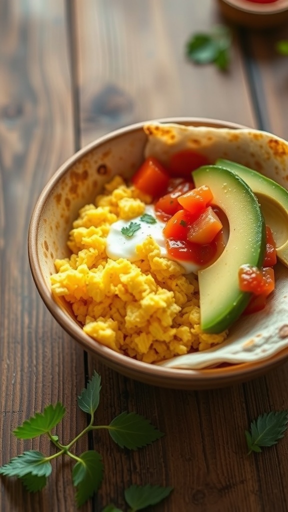 A delicious breakfast burrito bowl with scrambled eggs, diced tomatoes, avocado slices, and sour cream, served with warm tortillas.