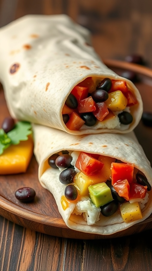 A close-up of a breakfast burrito filled with black beans, tomatoes, and avocado, served on a wooden plate.