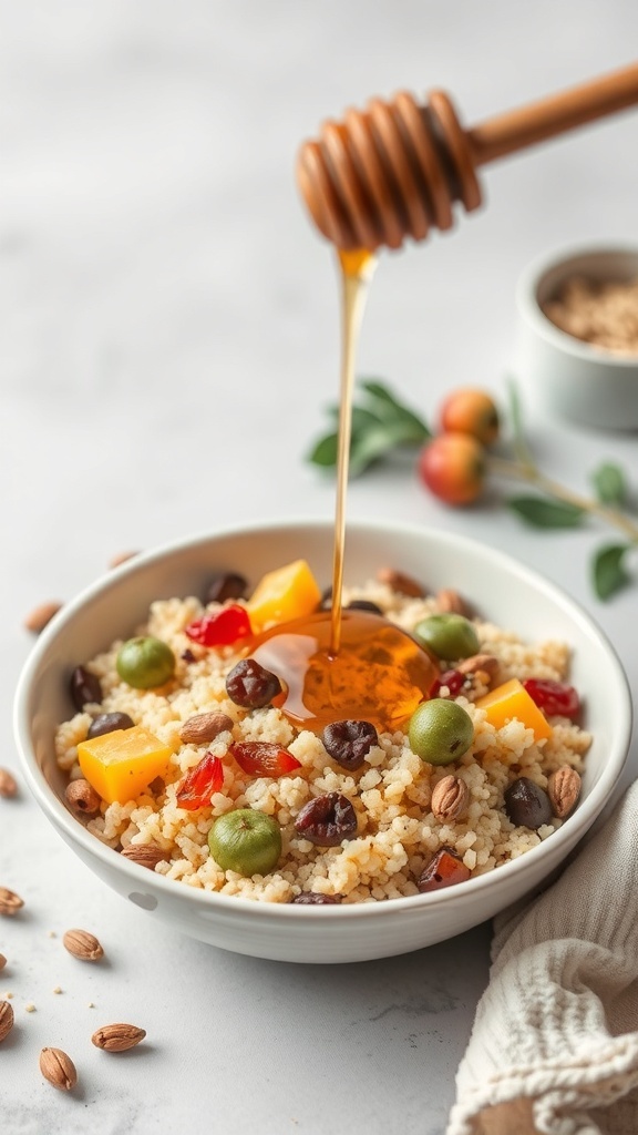 A breakfast couscous bowl with fruits and honey being drizzled on top.