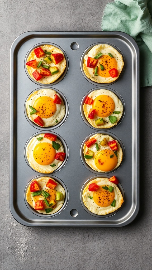 A tray of breakfast egg muffins topped with veggies like bell peppers and green onions.