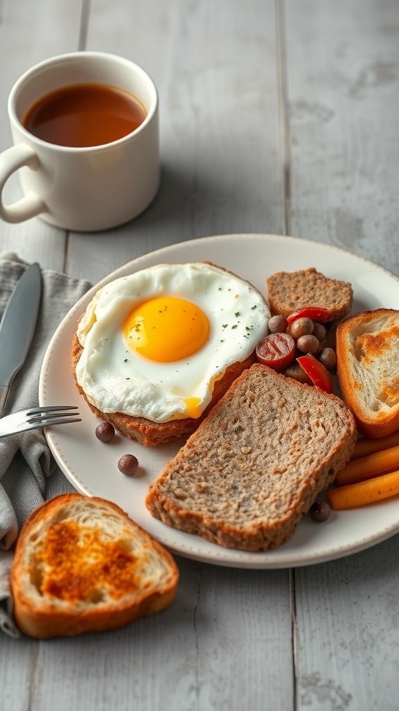 A plate of breakfast meatloaf with a sunny-side-up egg, toast, and a cup of coffee.