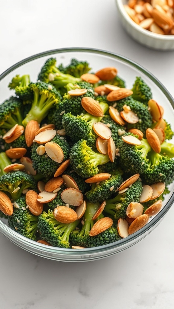 A bowl of broccoli and sliced almonds salad