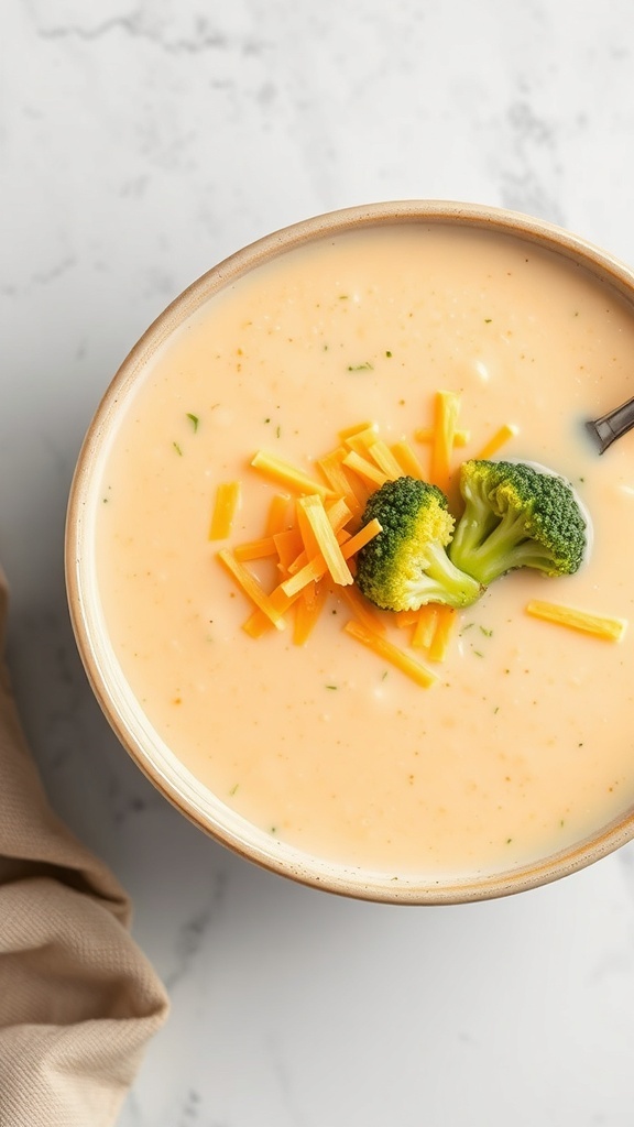 A bowl of broccoli cheddar soup topped with shredded cheddar cheese and a piece of broccoli.