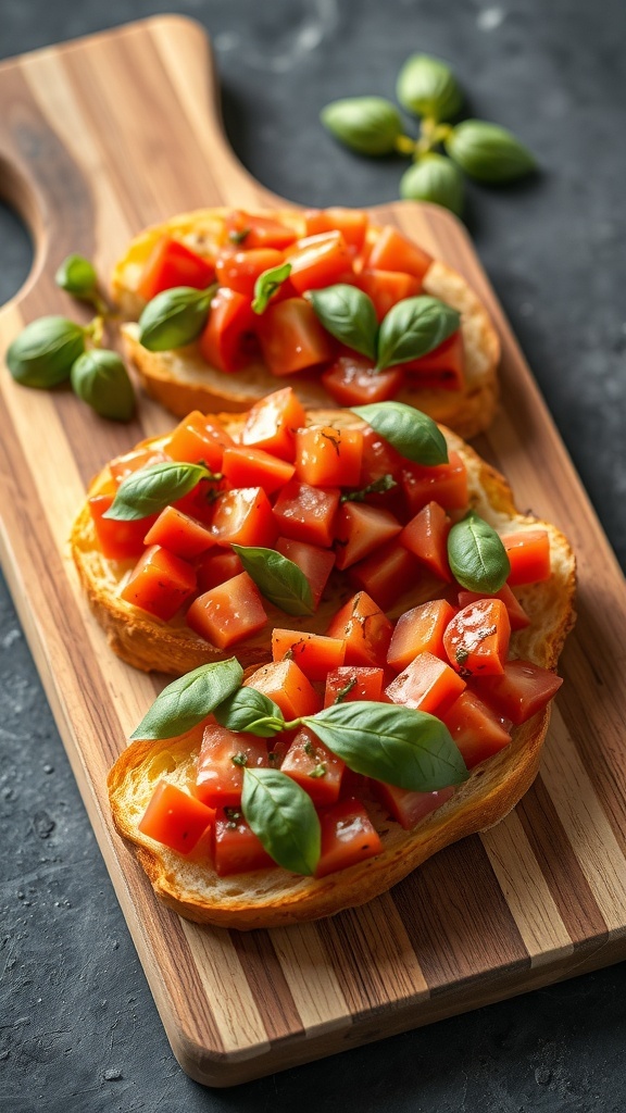 Bruschetta topped with diced tomatoes and basil on a wooden serving board.