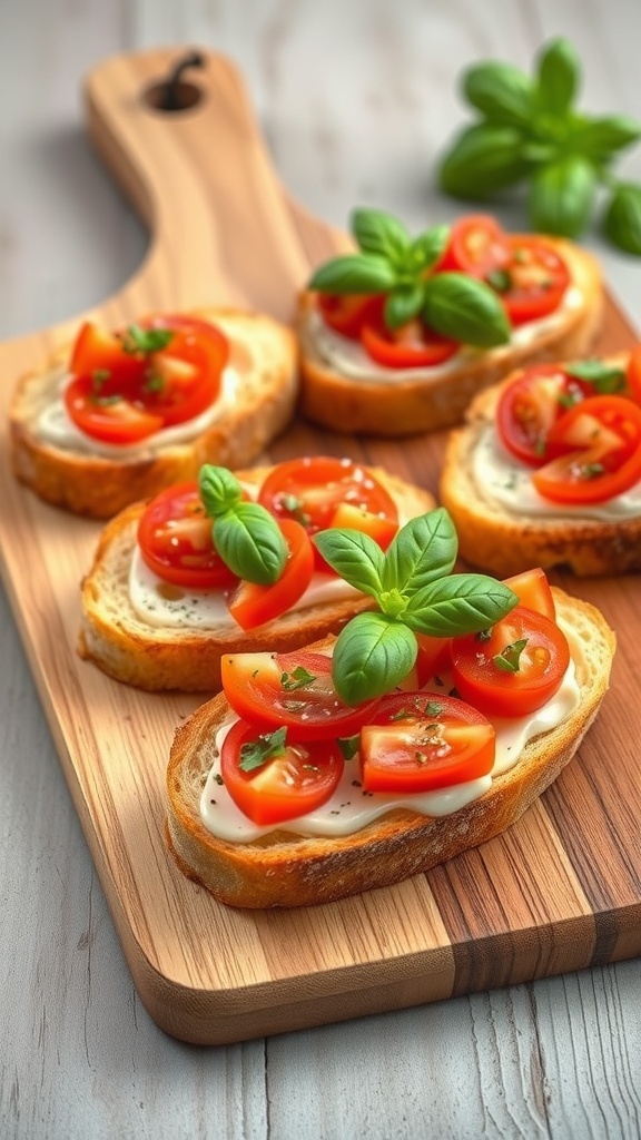 Bruschetta with tomato and basil on a wooden board