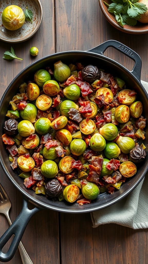 A skillet filled with Brussels sprouts and crispy bacon, showcasing a delicious Thanksgiving side dish.