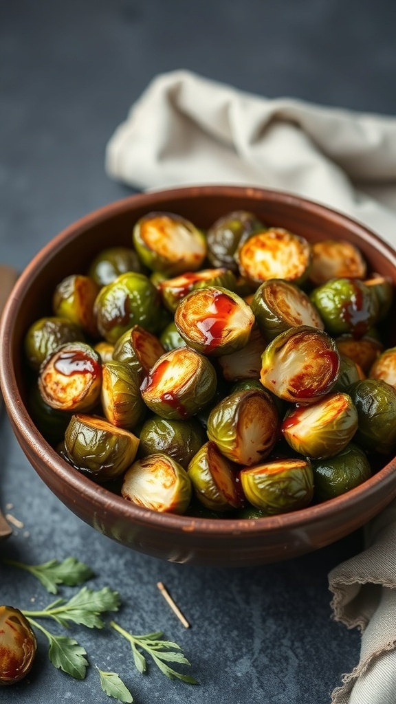 A bowl of roasted Brussels sprouts drizzled with balsamic glaze, garnished with parsley.