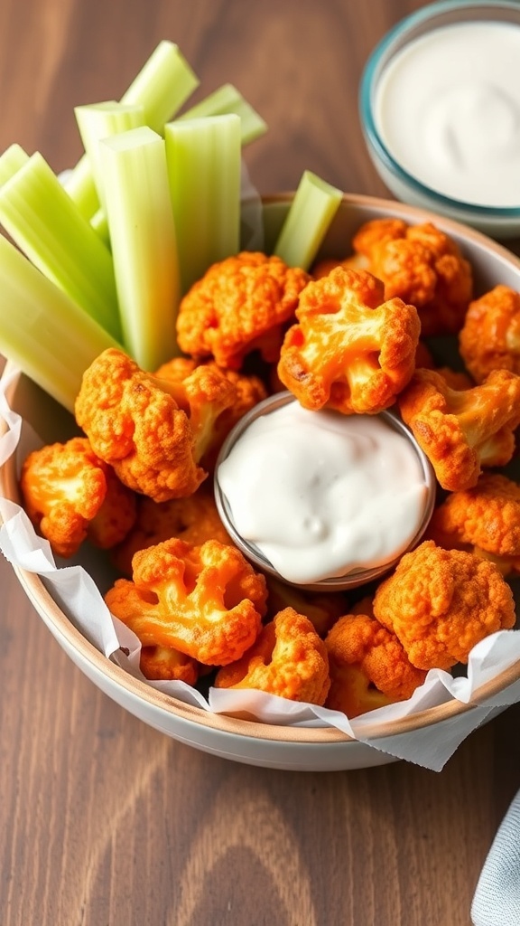 A bowl of crispy buffalo cauliflower bites with celery sticks and dipping sauce
