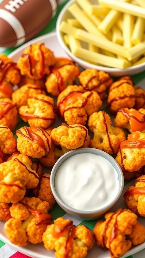 Buffalo cauliflower bites served with dipping sauce on a colorful table