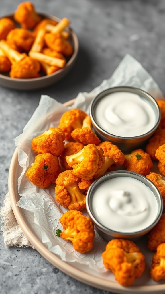 A plate of buffalo cauliflower bites with a creamy dipping sauce