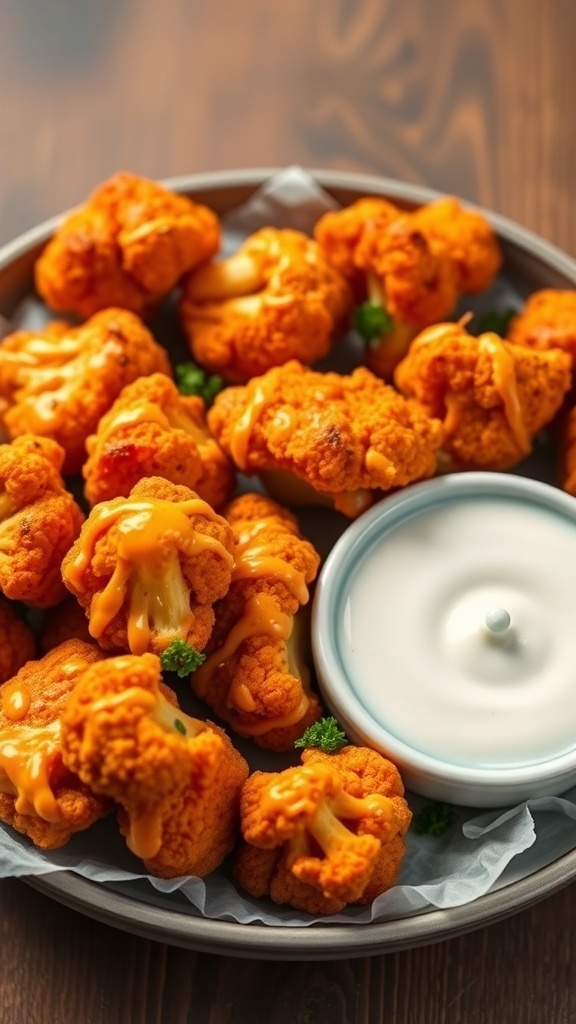 A plate of buffalo cauliflower bites with a side of ranch dressing.