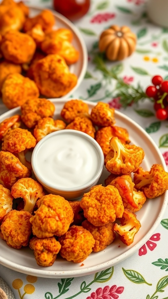 A plate of crispy buffalo cauliflower bites with a side of creamy dipping sauce.
