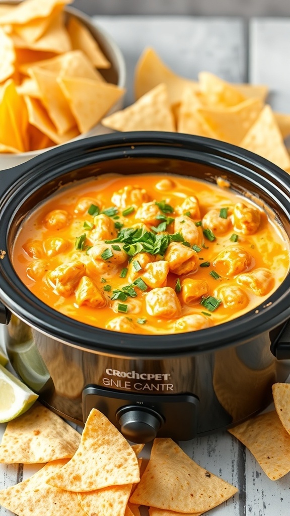 Buffalo Chicken Dip in a crockpot with tortilla chips