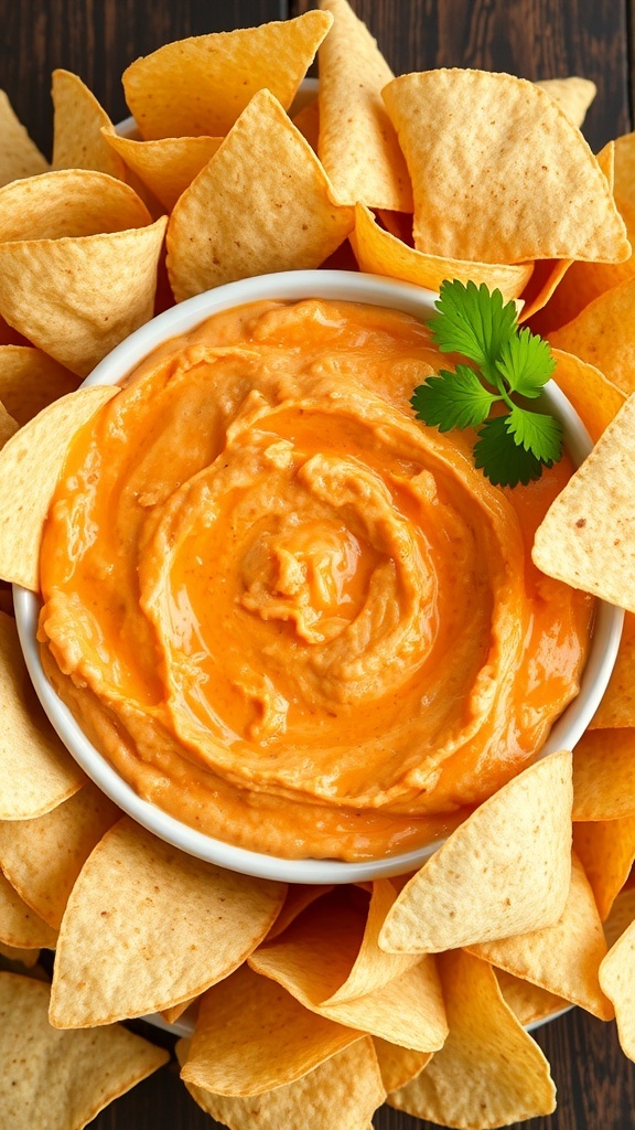 A bowl of creamy buffalo chicken dip surrounded by tortilla chips