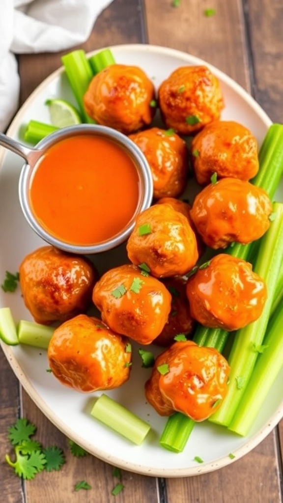 A plate of golden brown buffalo chicken meatballs with a small bowl of dipping sauce.