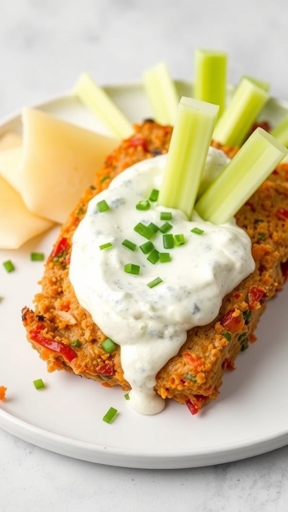 A slice of Buffalo Chicken Meatloaf topped with ranch dressing, chives, and celery sticks on a white plate.