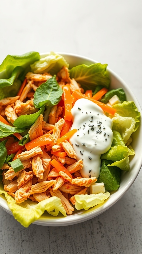 A bowl of buffalo chicken salad with shredded chicken, lettuce, bell peppers, and dressing.