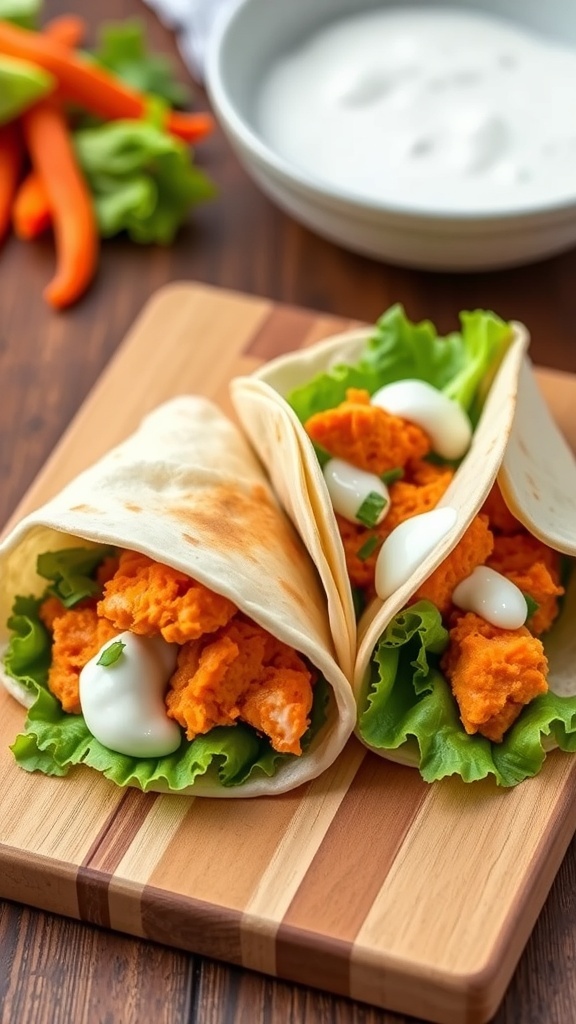 Two buffalo chicken wraps filled with lettuce and chicken on a wooden cutting board, with a bowl of ranch dressing in the background.
