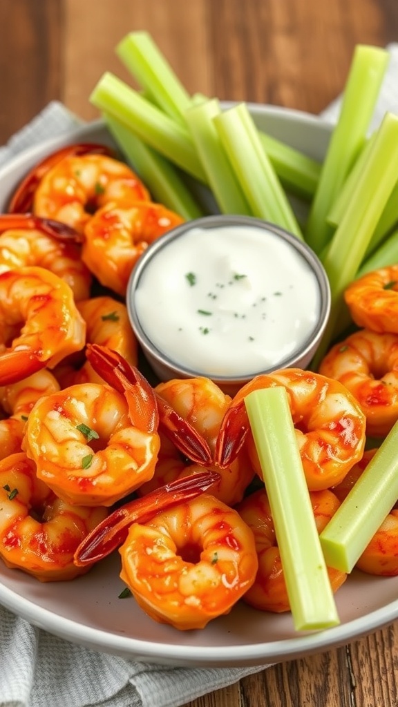 A platter of buffalo shrimp with celery sticks and a creamy dipping sauce.