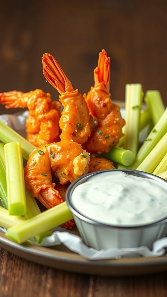 Buffalo shrimp served with celery sticks and blue cheese dip
