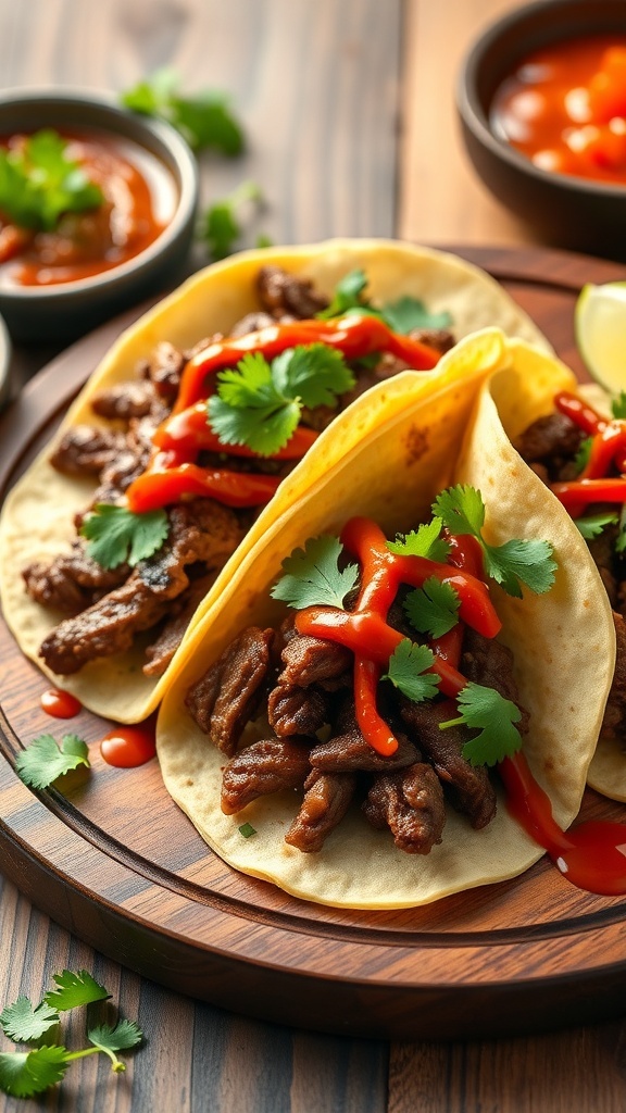Two bulgogi beef tacos with cilantro and sauce on a wooden plate