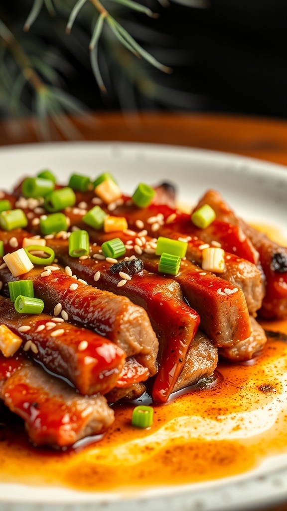 Delicious bulgogi with marinated beef, topped with green onions and sesame seeds.