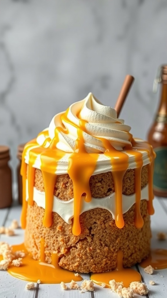 A Butterbeer cake with butterscotch drizzle, topped with whipped cream and a straw, set against a neutral background.