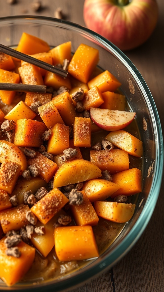 A bowl of butternut squash and apple bake with nuts and spices, ready for Thanksgiving.