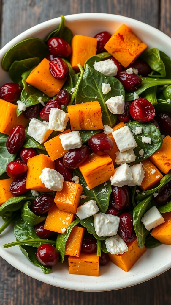 A colorful butternut squash and spinach salad with cranberries and feta cheese.
