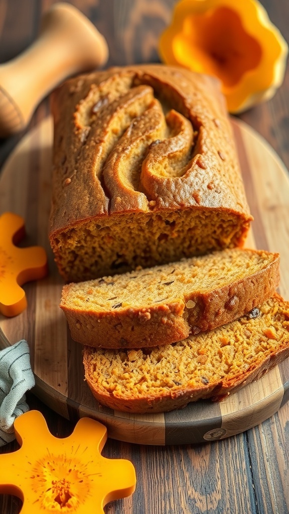 A loaf of butternut squash bread sliced on a wooden board with pieces of squash beside it.