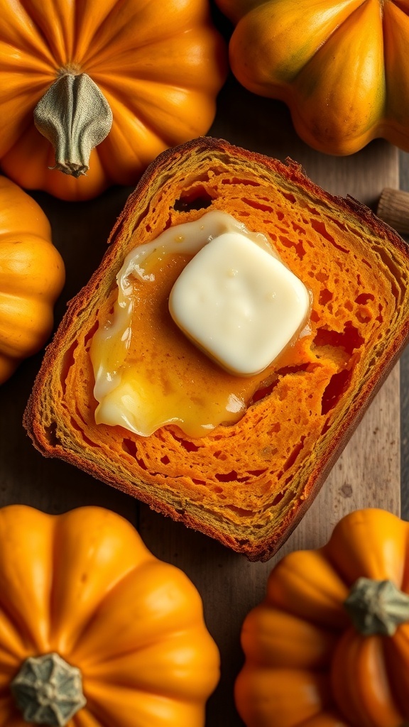 A slice of butternut squash bread with butter on top, surrounded by pumpkins.