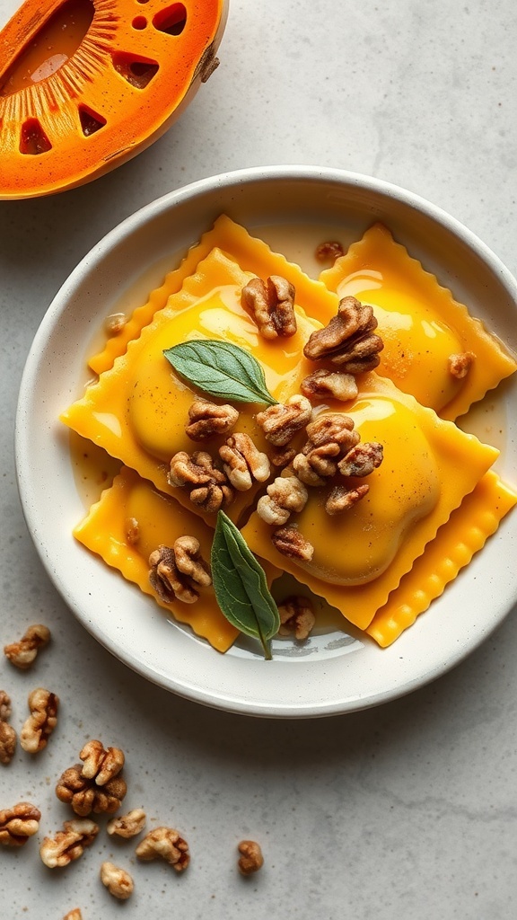 A plate of butternut squash ravioli topped with walnuts and sage in brown butter sauce.