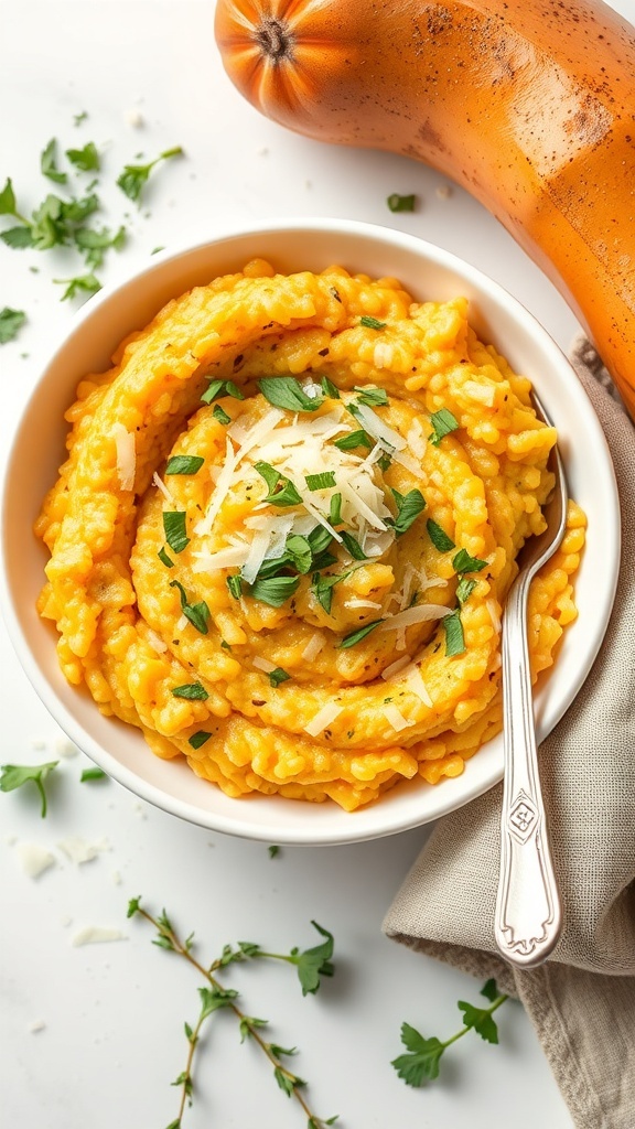 A bowl of creamy butternut squash risotto topped with herbs and cheese, with a whole butternut squash beside it.