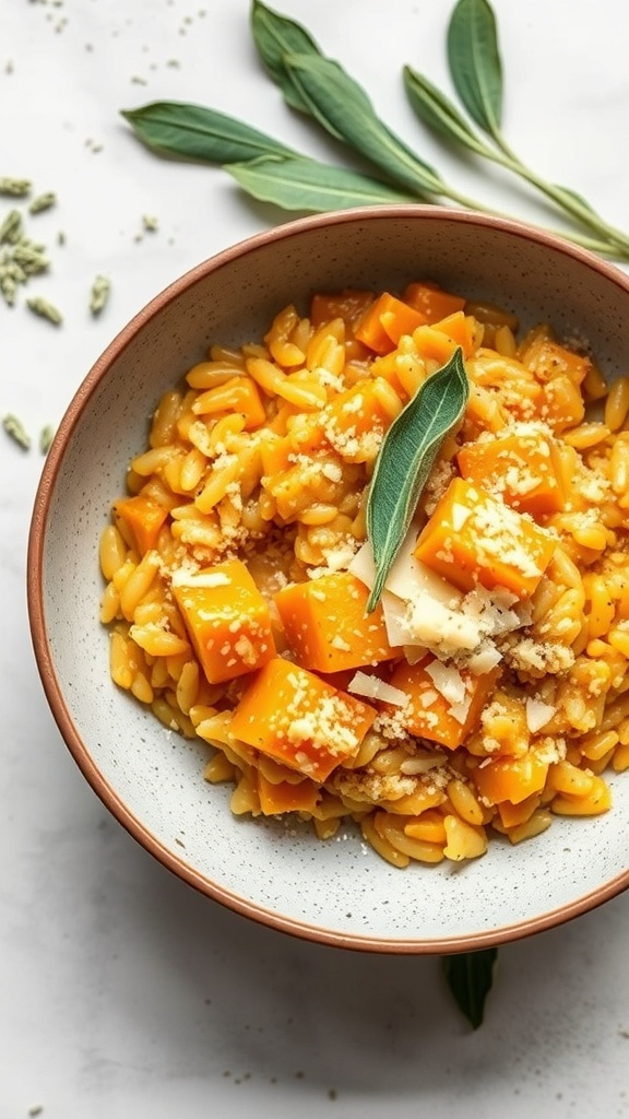 A bowl of butternut squash risotto topped with sage leaves and cheese.