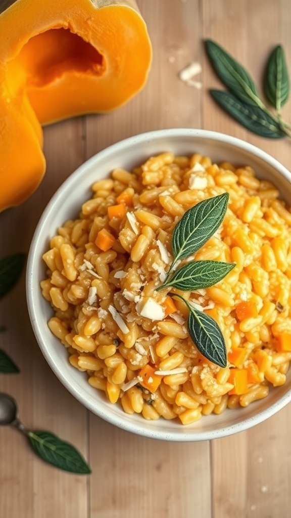 A bowl of creamy butternut squash risotto topped with fresh sage leaves, with a halved butternut squash in the background.