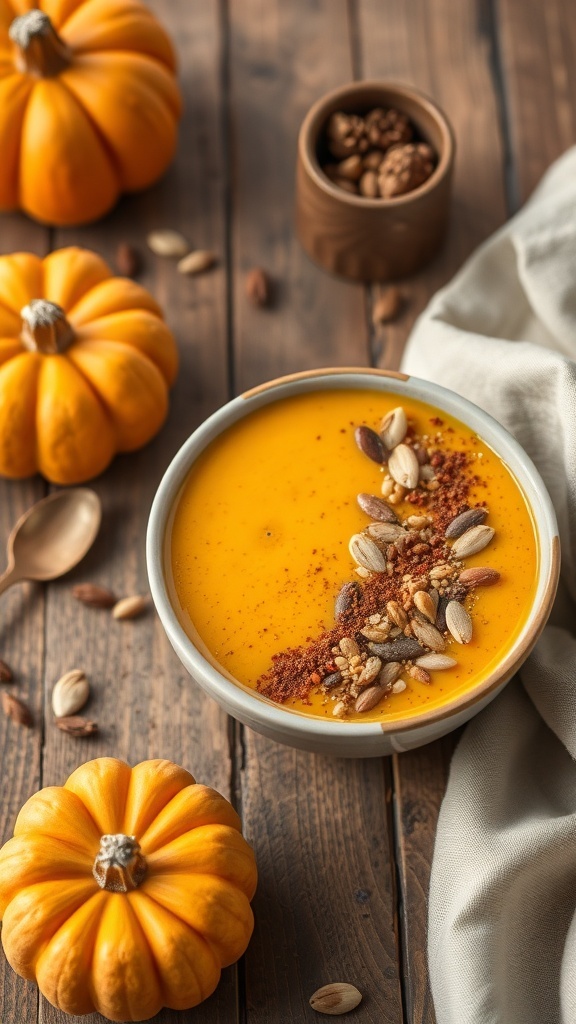 A bowl of butternut squash smoothie topped with seeds and spices, surrounded by pumpkins.