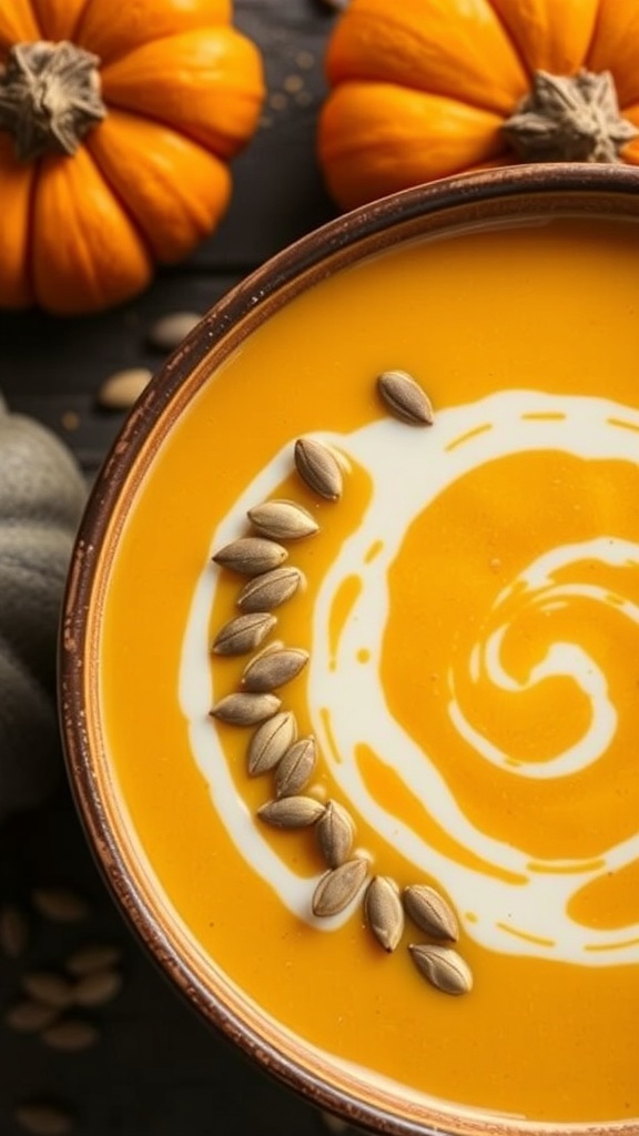 A bowl of butternut squash soup garnished with cream and pumpkin seeds, surrounded by decorative pumpkins and seeds.