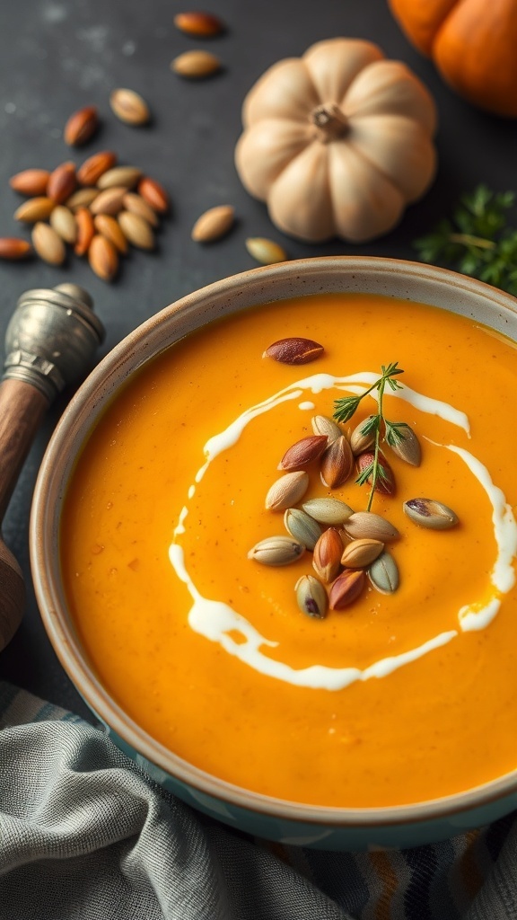 A bowl of creamy butternut squash soup garnished with pumpkin seeds and a swirl of cream, with a pumpkin in the background.