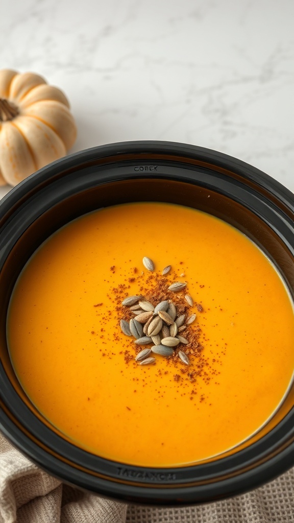 A bowl of butternut squash soup topped with pumpkin seeds, placed in a crock pot.