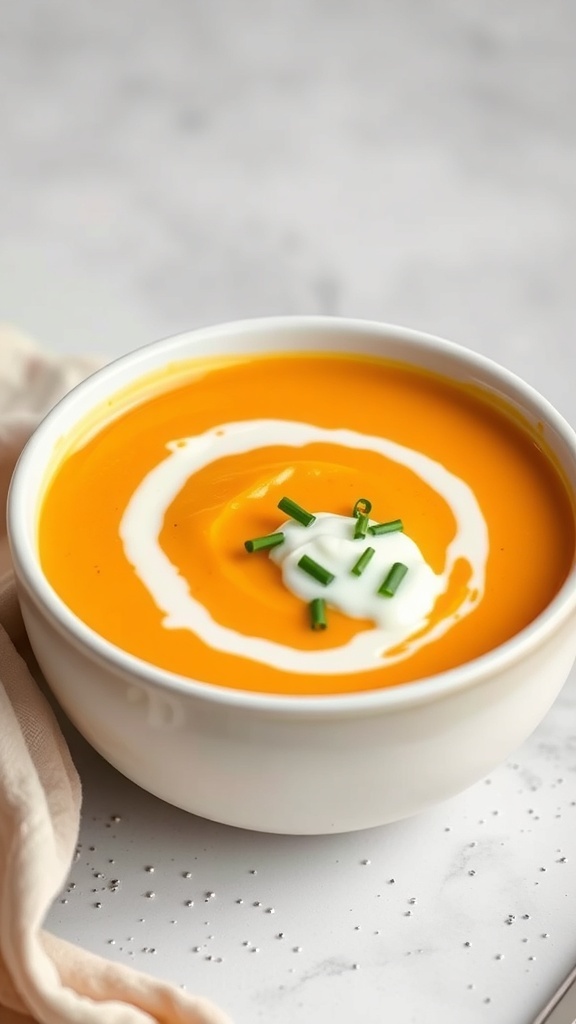 A bowl of creamy butternut squash soup garnished with crème fraîche and chives.