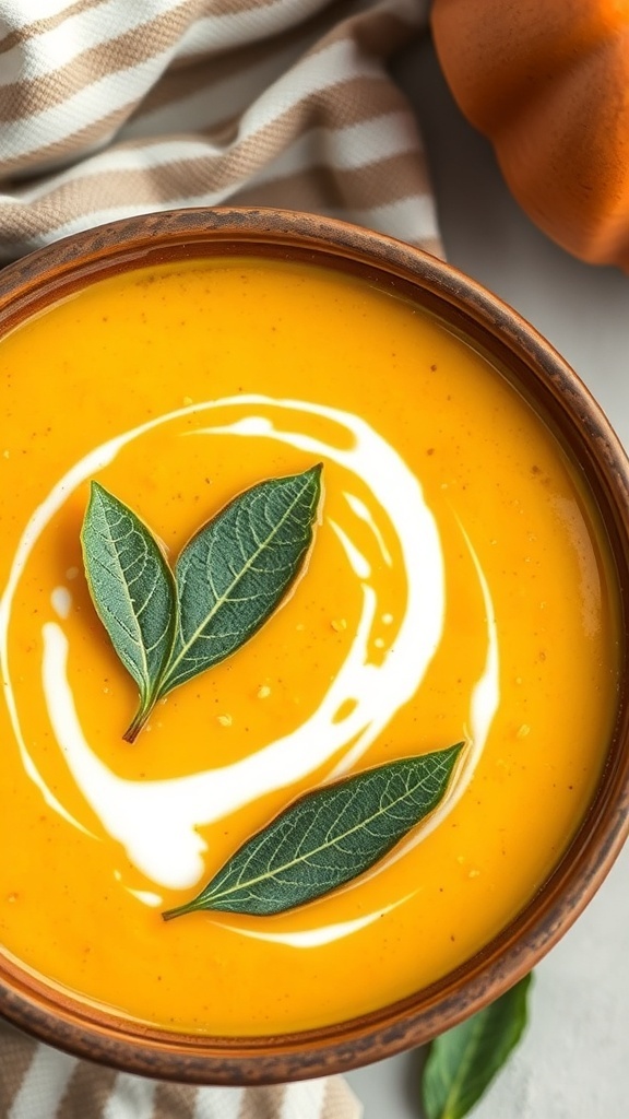 A bowl of butternut squash soup garnished with sage leaves.