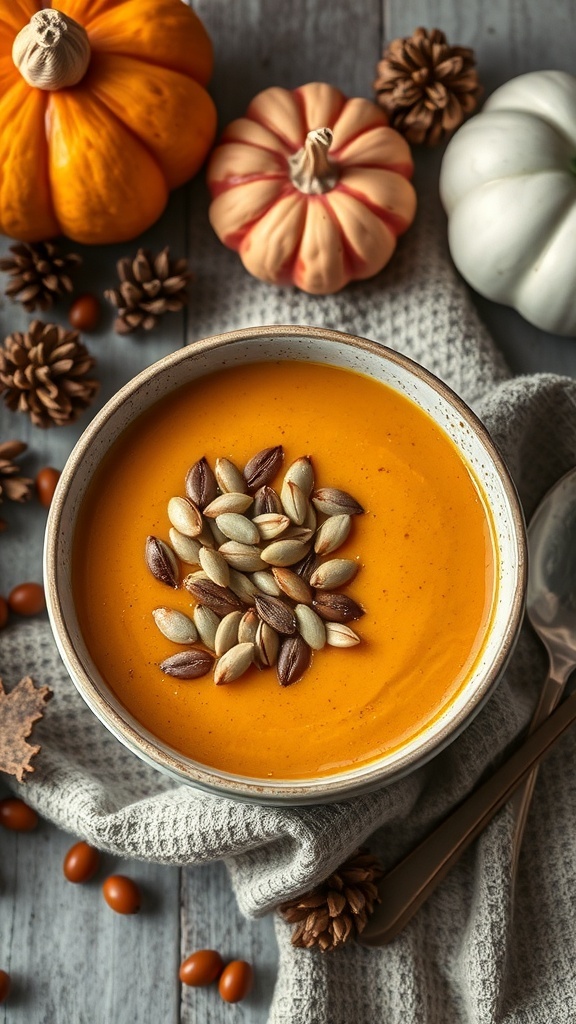 A bowl of butternut squash soup topped with toasted pumpkin seeds, surrounded by decorative pumpkins and pine cones.