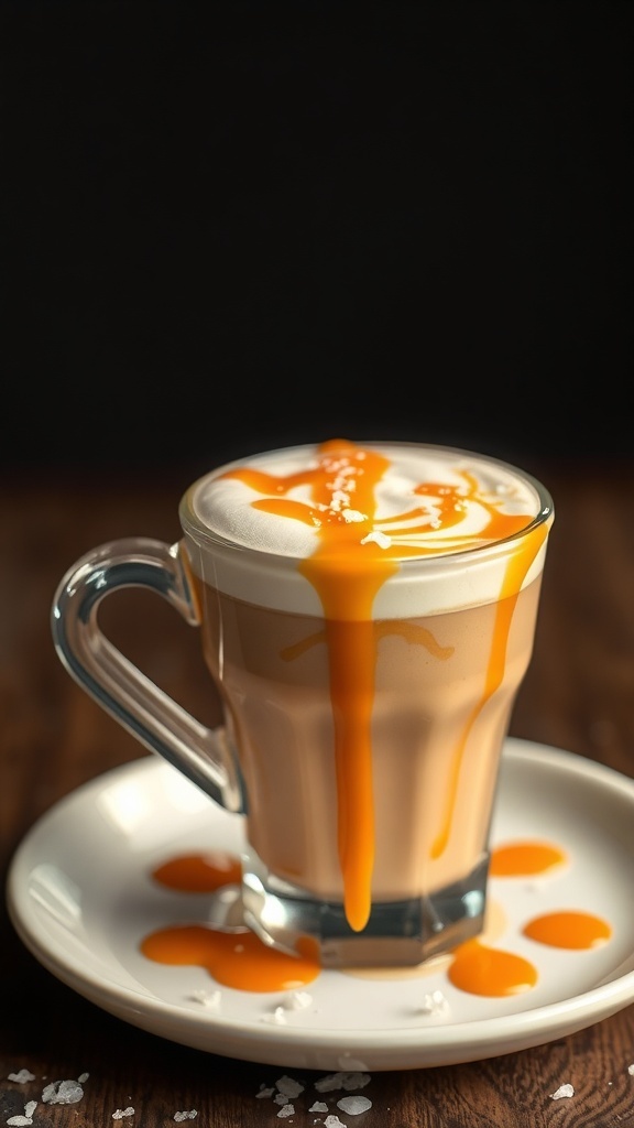 A glass of butterscotch latte with whipped cream and caramel drizzle